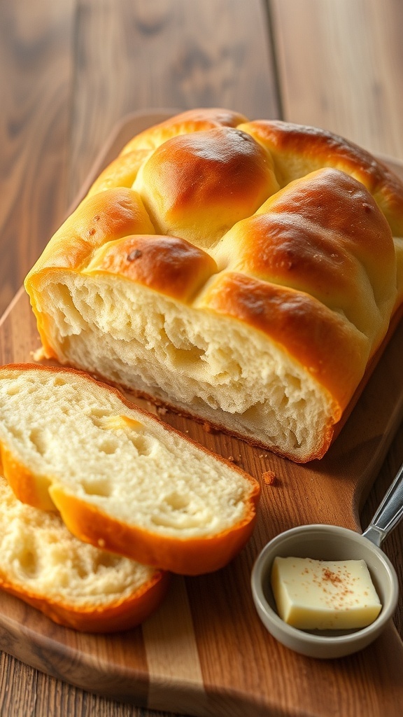 Sweet Bread Recipe for Bread Machine A golden loaf of sweet bread sliced on a wooden board, with butter and cinnamon nearby.